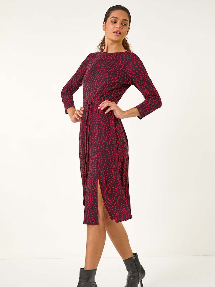 Roman Red Stretch Spot Detail Belted Dress - Image 2 of 5
