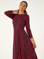 Roman Red Stretch Spot Detail Belted Dress - Image 4 of 5