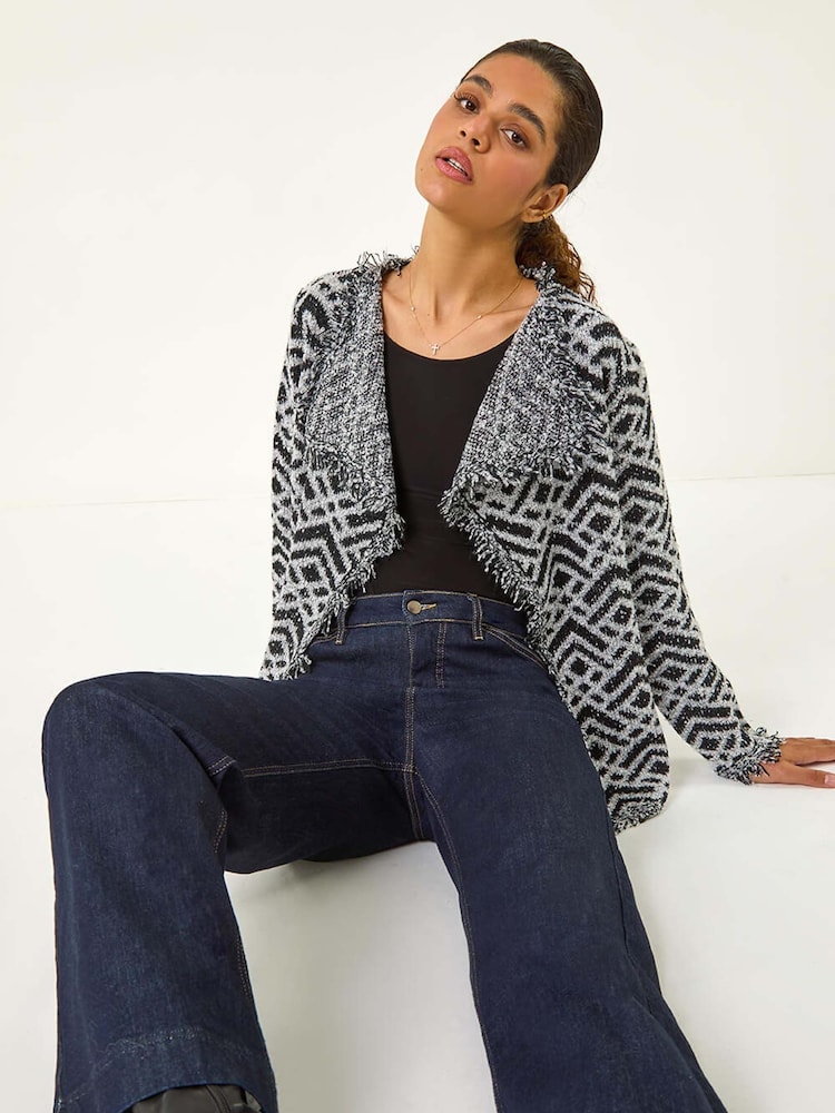 Roman Black Geometric Fringe Collared Cardigan - Image 1 of 5