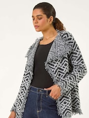 Roman Black Geometric Fringe Collared Cardigan - Image 2 of 5