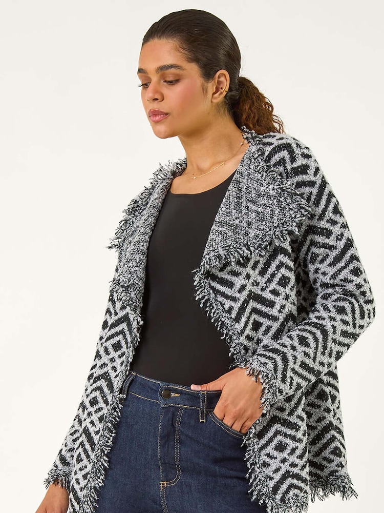 Roman Black Geometric Fringe Collared Cardigan - Image 2 of 5