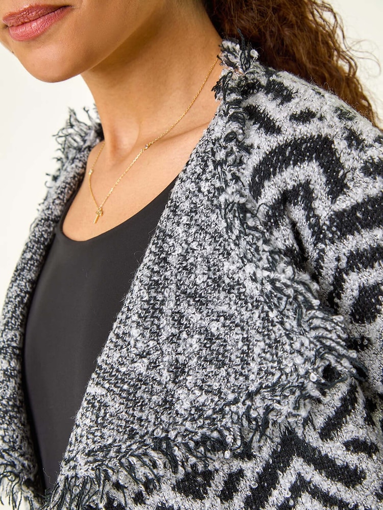 Roman Black Geometric Fringe Collared Cardigan - Image 5 of 5