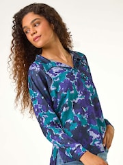 Roman Blue Abstract Print V-Neck Collar Top - Image 1 of 5