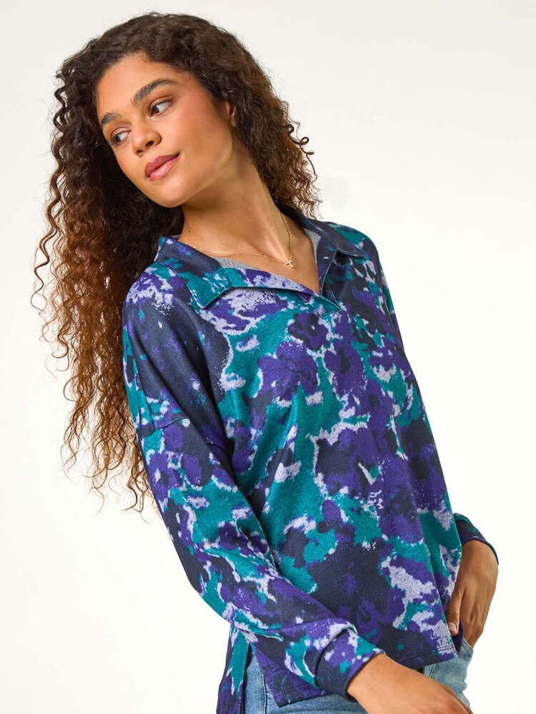 Roman Blue Abstract Print V-Neck Collar Top - Image 1 of 5