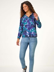 Roman Blue Abstract Print V-Neck Collar Top - Image 2 of 5