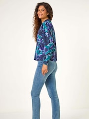 Roman Blue Abstract Print V-Neck Collar Top - Image 3 of 5