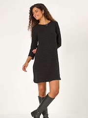 Roman Black Wave Textured Stretch A-Line Dress - Image 1 of 6