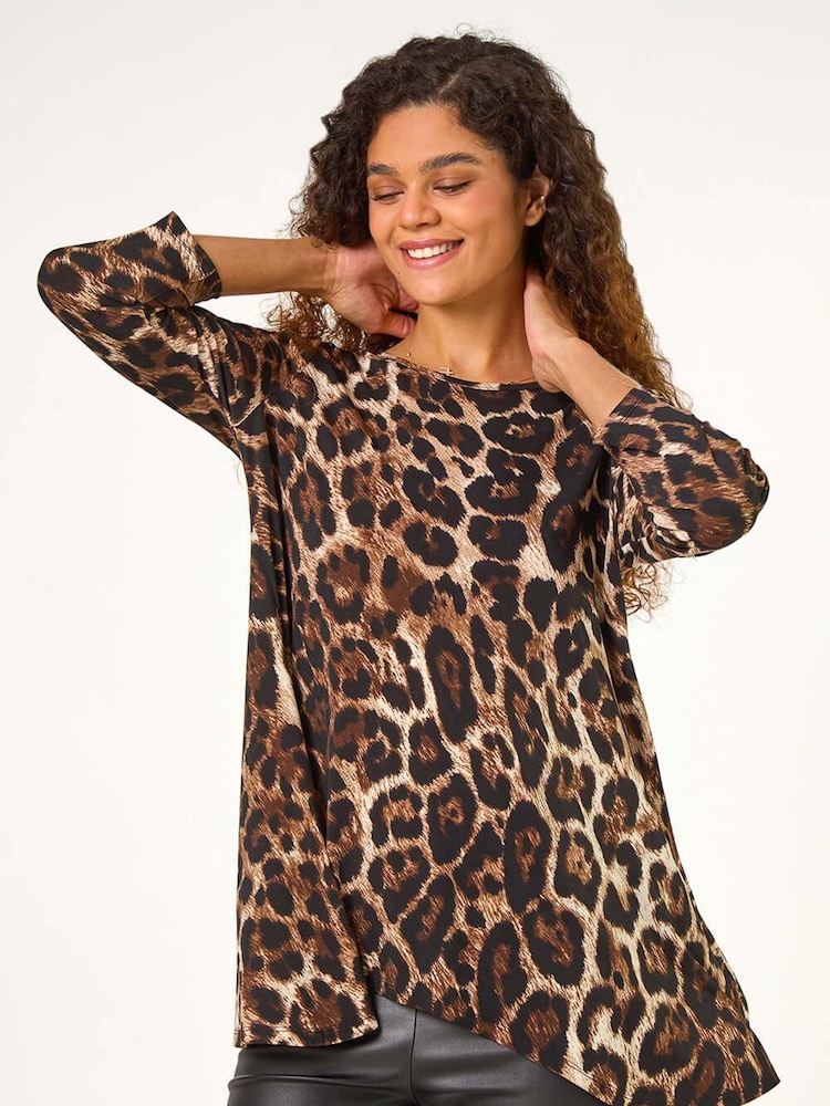 Roman Brown Stretch Textured Animal Print Tunic - Image 1 of 5
