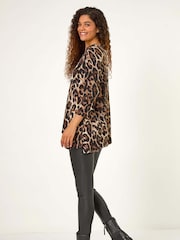 Roman Brown Stretch Textured Animal Print Tunic - Image 3 of 5