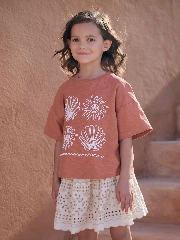 Rust Brown Embroidered Shells 100% Cotton T-Shirt (3-16yrs) - Image 1 of 3