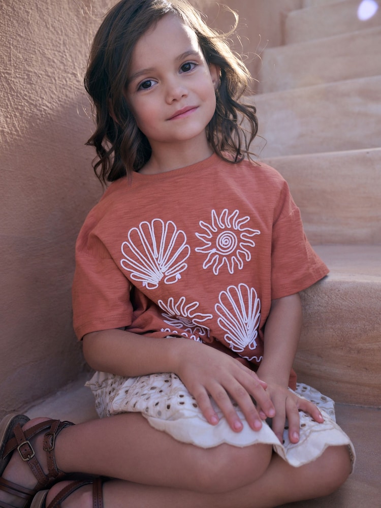 Rust Brown Embroidered Shells 100% Cotton T-Shirt (3-16yrs) - Image 2 of 3