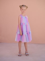 Rainbow Pink Tiered Strappy Mesh Dress (3-16yrs) - Image 1 of 5