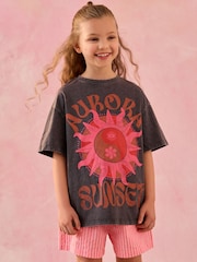 Charcoal/Pink Sun Oversized Graphic Print T-Shirt (3-16yrs) - Image 1 of 3