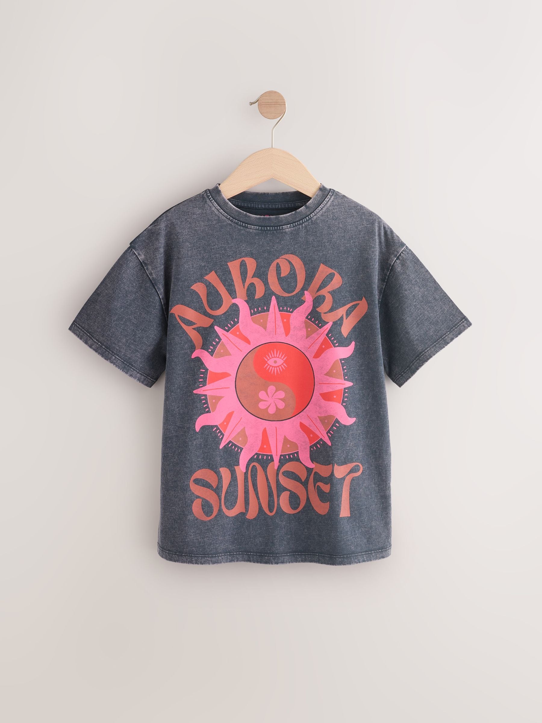 Buy Charcoal/Pink Sun Oversized Graphic Print T-Shirt (3