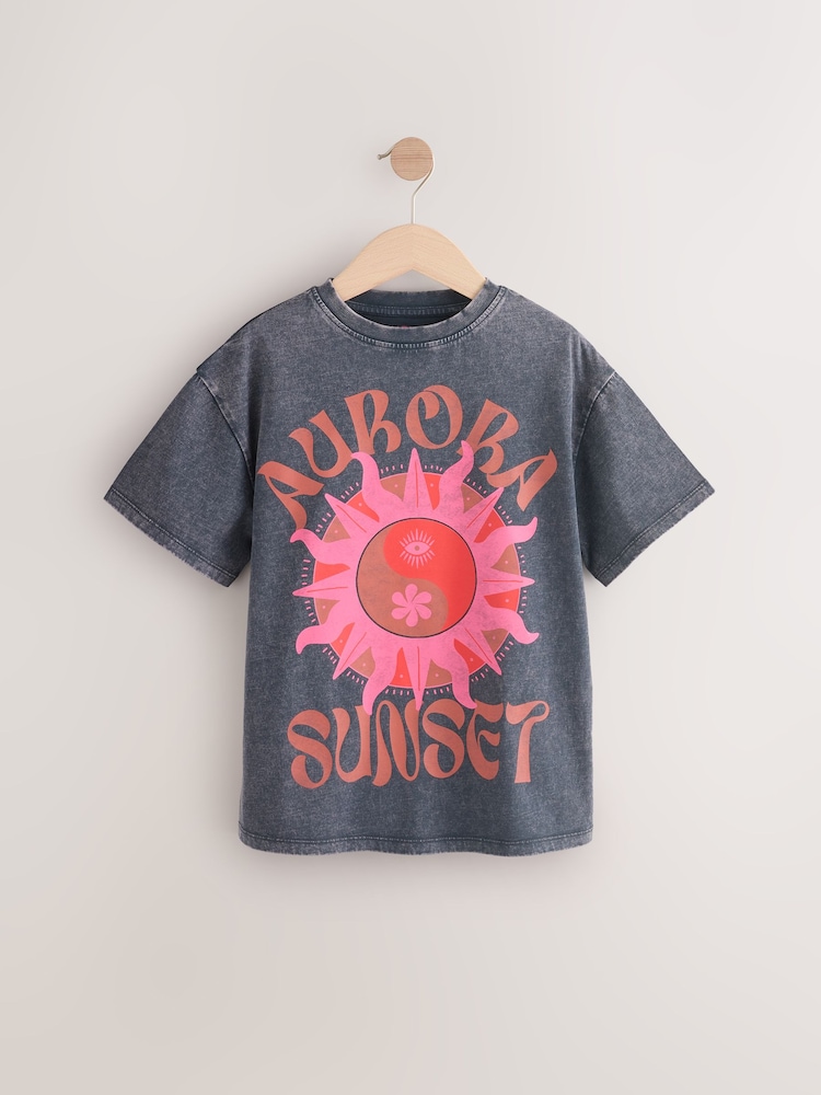Buy Charcoal/Pink Sun Oversized Graphic Print T-Shirt (3-16yrs 