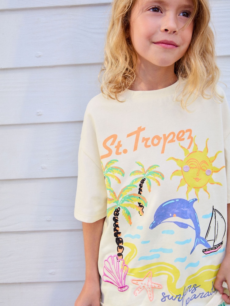 Ecru White Beach Oversized Graphic Print T-Shirt (3-16yrs) - Image 3 of 7