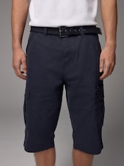 Navy Blue Long Length Belted Cargo Shorts - Image 1 of 12