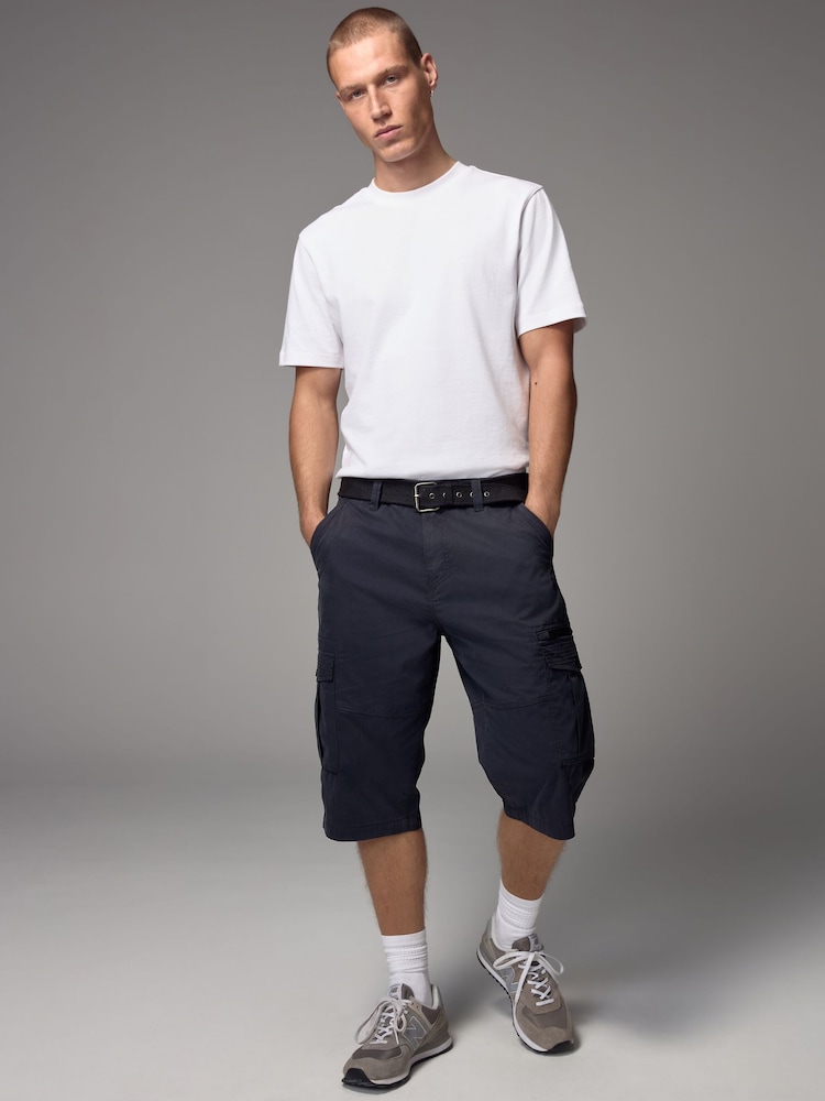 Navy Blue Long Length Belted Cargo Shorts - Image 2 of 12