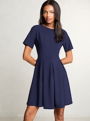 Navy Short Sleeve Pleated Prom Dress - Image 1 of 4