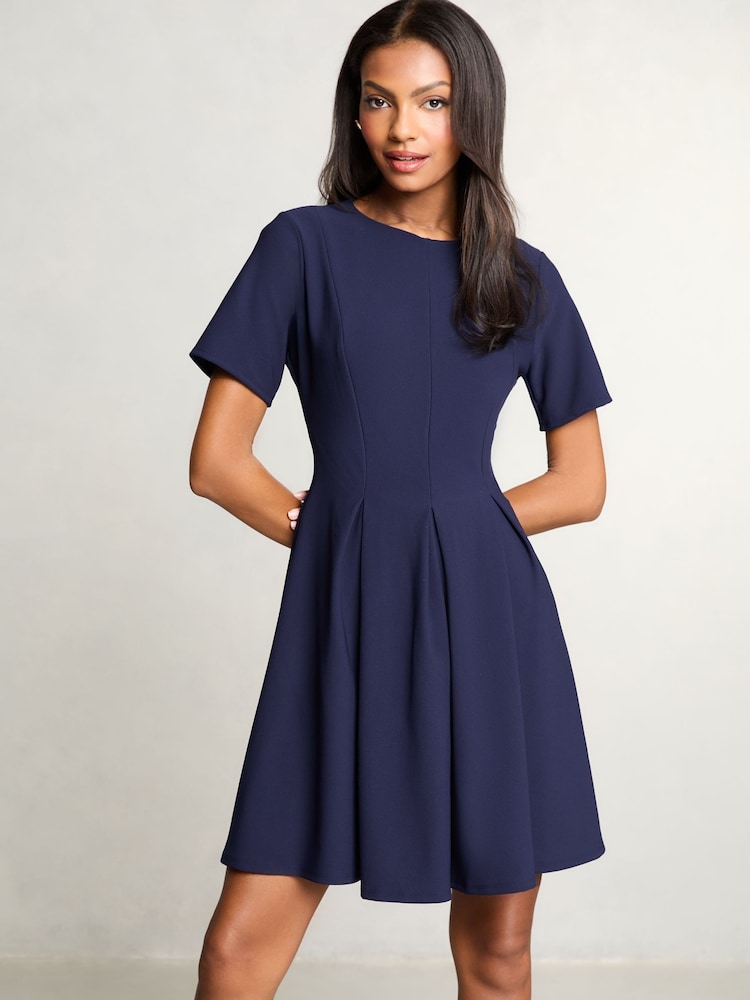Navy Short Sleeve Pleated Prom Dress - Image 1 of 4 Navy Short Sleeve Pleated Prom Dress - Image 1 of 4