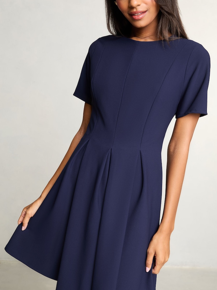 Navy Short Sleeve Pleated Prom Dress - Image 2 of 4 Navy Short Sleeve Pleated Prom Dress - Image 2 of 4