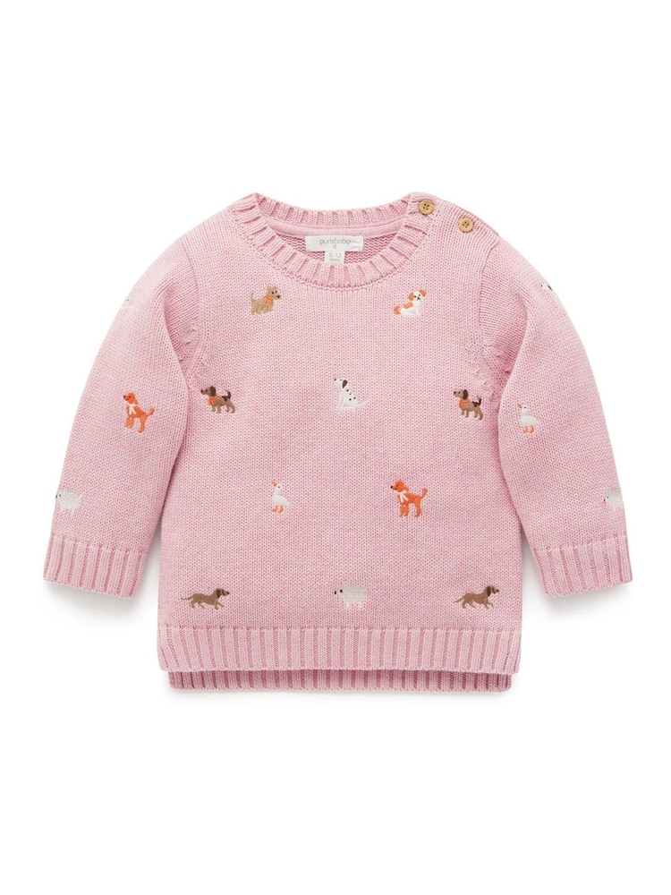 Purebaby Pink Dog Print Embroidered Jumper - Image 1 of 4