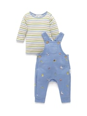 Purebaby Blue Embroidered 100% Cotton Dungaree and Long Sleeve T-Shirt Set - Image 1 of 5