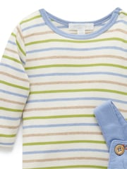 Purebaby Blue Embroidered 100% Cotton Dungaree and Long Sleeve T-Shirt Set - Image 2 of 5