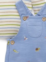 Purebaby Blue Embroidered 100% Cotton Dungaree and Long Sleeve T-Shirt Set - Image 3 of 5
