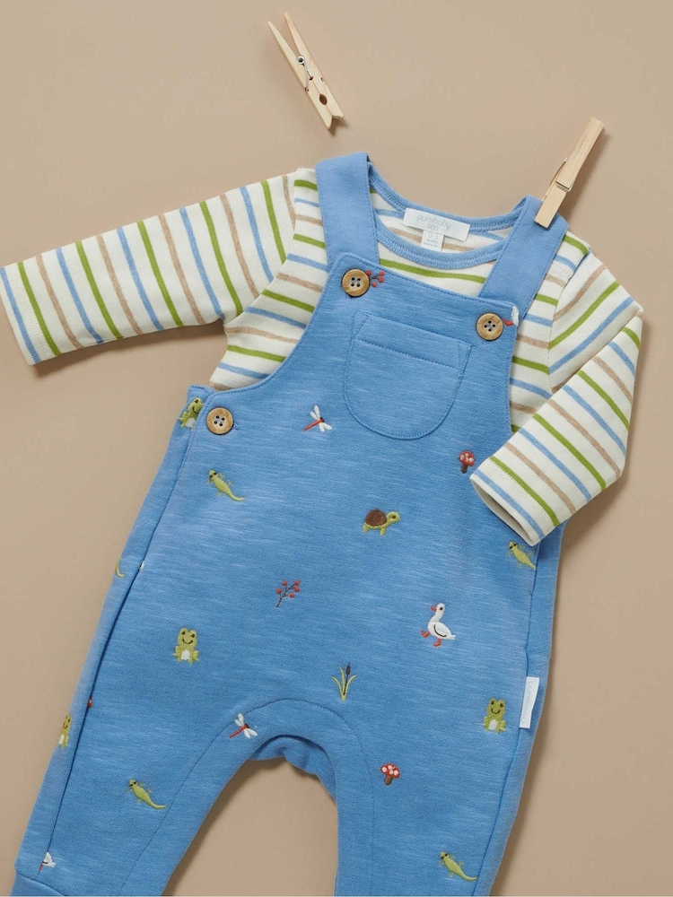 Purebaby Blue Embroidered 100% Cotton Dungaree and Long Sleeve T-Shirt Set - Image 5 of 5