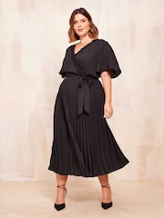 Friends Like These Black Curve Short Sleeve Pleated Midi Dress - Image 1 of 4