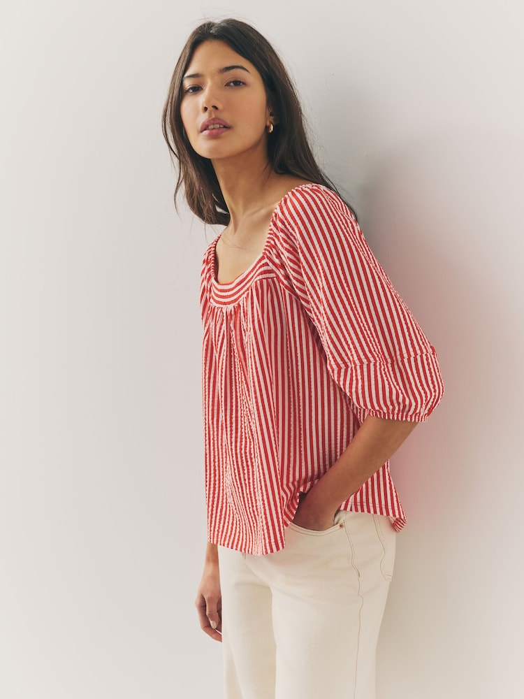 Rot/Weiß gestreift - Volume Half Sleeve Jersey 100% Cotton Blouse - Bild 1 von 5 Rot/Weiß gestreift - Volume Half Sleeve Jersey 100% Cotton Blouse - Bild 1 von 5