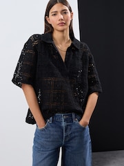 Black Crochet Short Sleeve Collared Top - Image 2 of 5