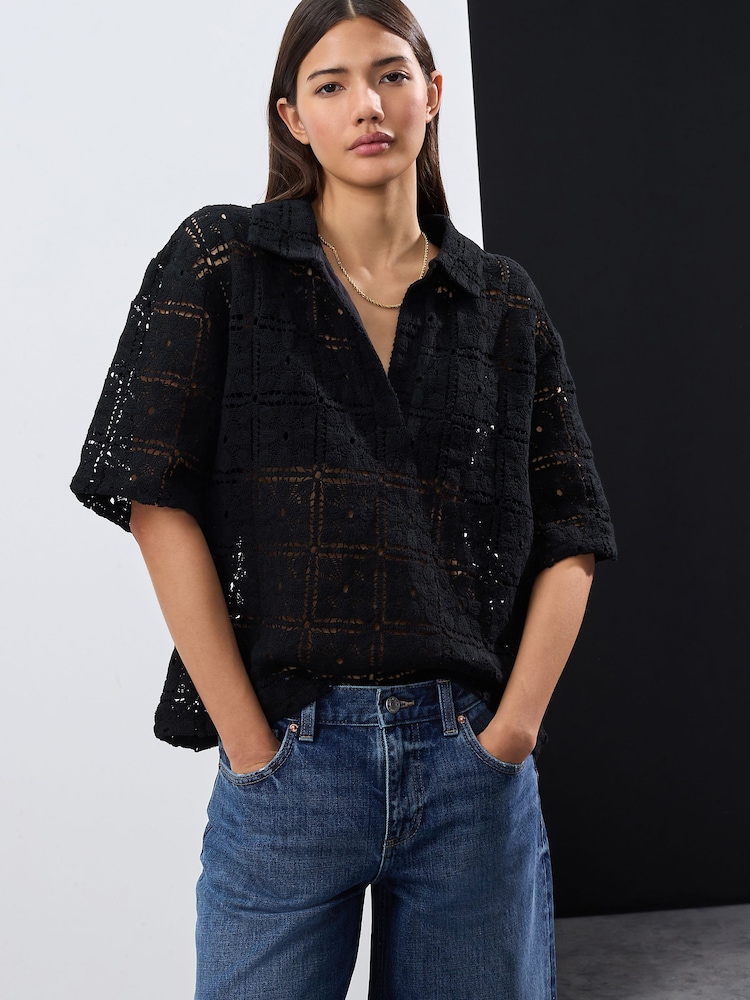 Black Crochet Short Sleeve Collared Top - Image 2 of 5