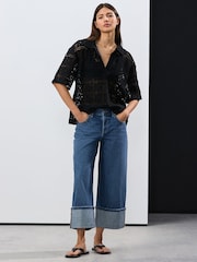 Black Crochet Short Sleeve Collared Top - Image 3 of 5