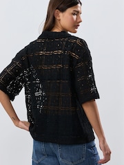 Black Crochet Short Sleeve Collared Top - Image 4 of 5