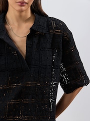 Black Crochet Short Sleeve Collared Top - Image 5 of 5