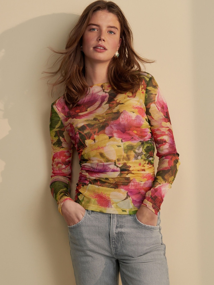Floral rosa/verde - Long Sleeve Ruched Side Mesh Top - Imagen 1 de 6 Floral rosa/verde - Long Sleeve Ruched Side Mesh Top - Imagen 1 de 6