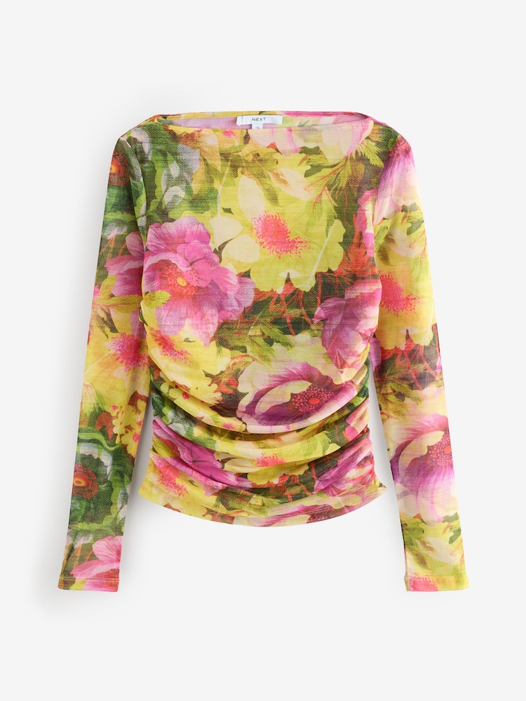 Pink/Green Floral Long Sleeve Ruched Side Mesh Top - Image 4 of 6