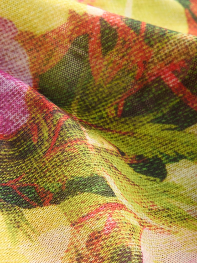 Pink/Green Floral Long Sleeve Ruched Side Mesh Top - Image 5 of 6