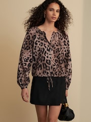 Animal Print Long Sleeve Boho Drawstring Blouse - Image 1 of 7
