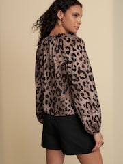 Animal Print Long Sleeve Boho Drawstring Blouse - Image 2 of 7
