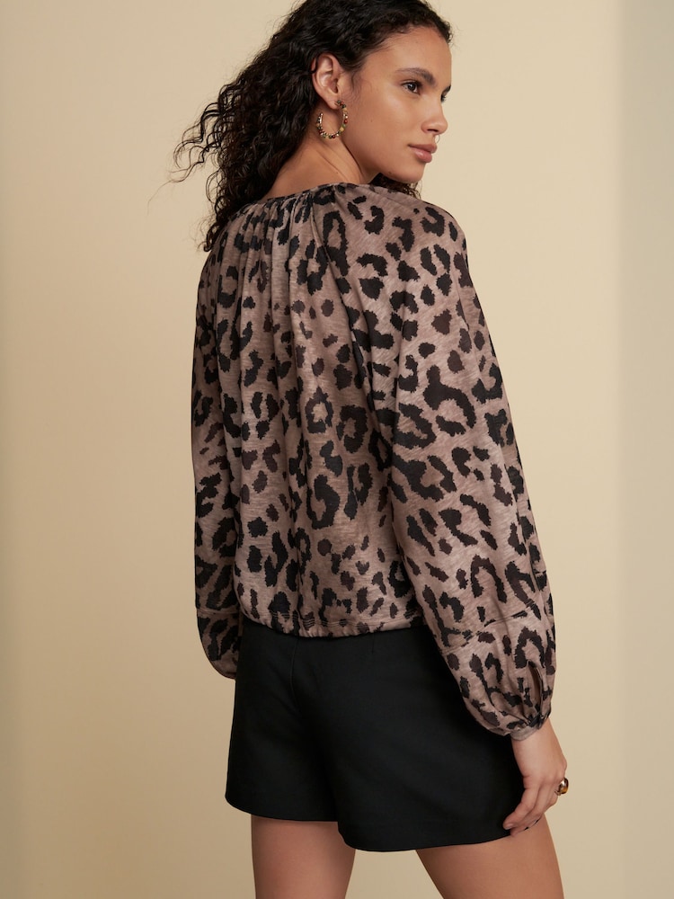 Animal Print Long Sleeve Boho Drawstring Blouse - Image 2 of 7
