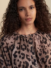Animal Print Long Sleeve Boho Drawstring Blouse - Image 3 of 7