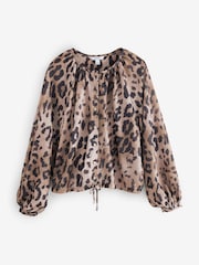 Animal Print Long Sleeve Boho Drawstring Blouse - Image 5 of 7
