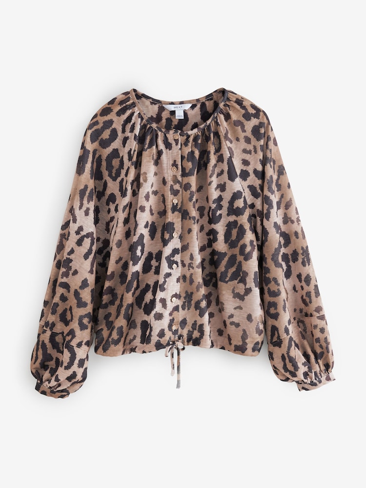 Animal Print Long Sleeve Boho Drawstring Blouse - Image 5 of 7