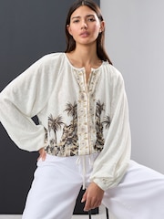 Ecru Border Print Long Sleeve Boho Drawstring Blouse - Image 1 of 7