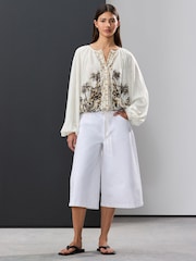 Ecru Border Print Long Sleeve Boho Drawstring Blouse - Image 2 of 7