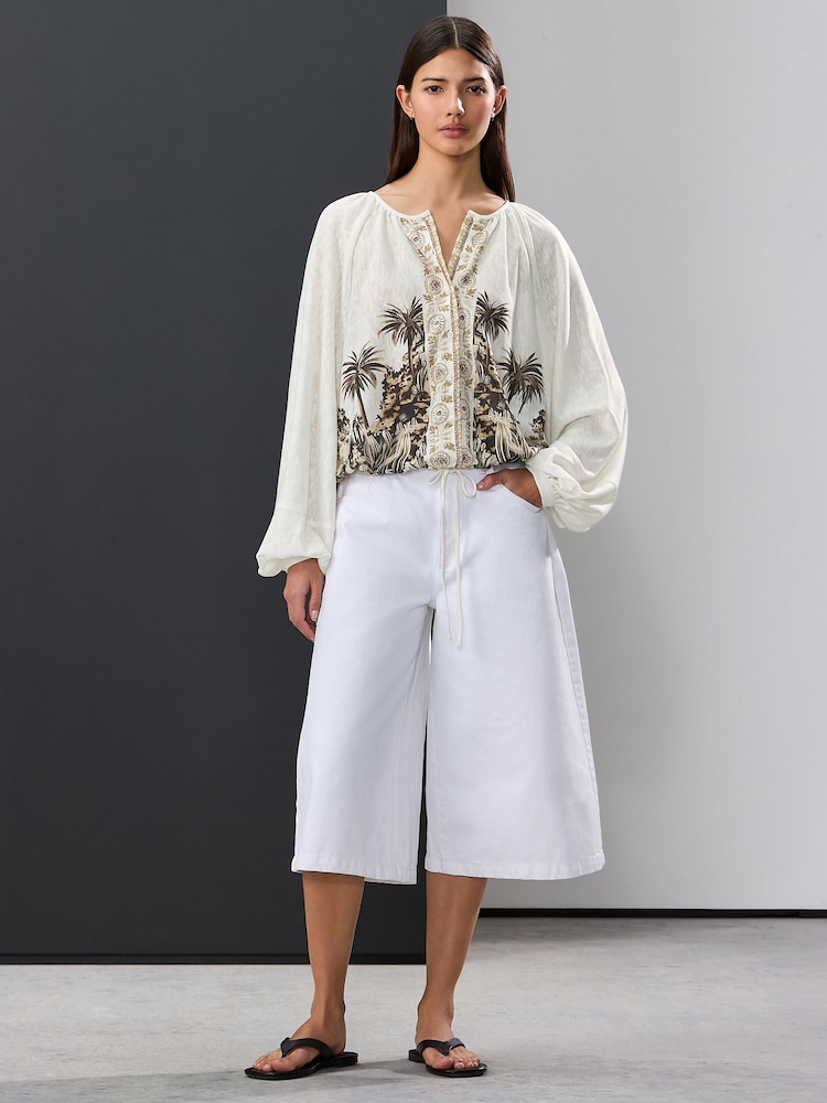 Ecru Border Print Long Sleeve Boho Drawstring Blouse - Image 2 of 7