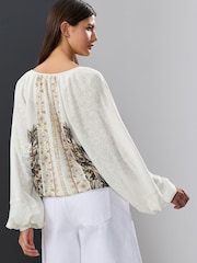 Ecru Border Print Long Sleeve Boho Drawstring Blouse - Image 3 of 7